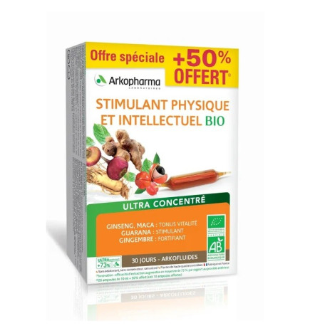 Arkofluides – Stimulant physique bio, 20 ampoules + 10 offertes