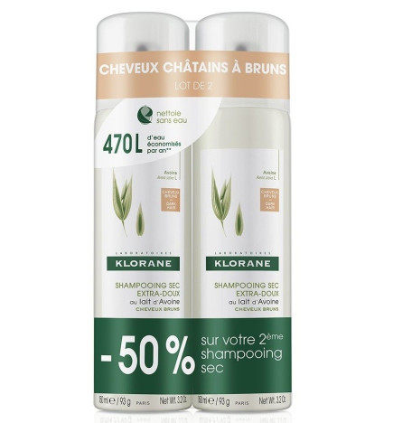 Klorane – shampoing sec au lait d’avoine, cheveux châtains & bruns, 2 × 150 ml
