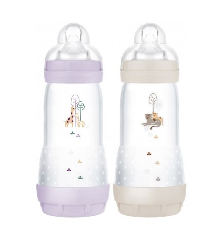 Mam – 2 Biberons Easy Start, 320 ml 4 Mois Et+ Débit 3 Couleur Lilas/Sable