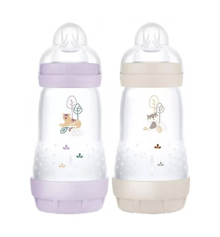 Mam – 2 Biberons Easy Start, 260 ml 2 Mois Et+ Débit 2 Couleur Lilas/Sable