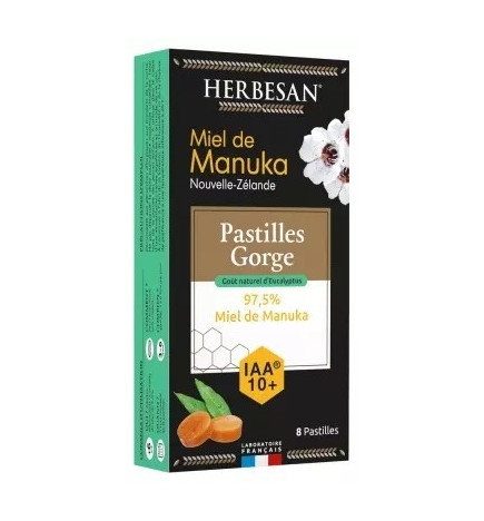 HERBESAN – Miel de Manuka Pastilles Gorge 97,5% Miel IAA10+ Goût Eucalyptus, 8 pastilles