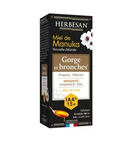Herbesan – Miel de Manuka Solution Buvable Gorges et Bronches IAA 15+, 100 ml