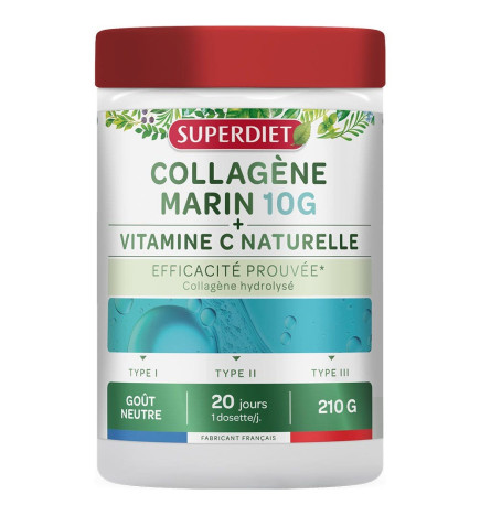 SUPER DIET – Collagène Marin 10 g + Vitamine C Naturelle Goût Neutre, 210 g