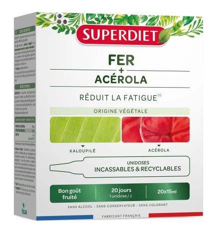 SUPER DIET – Fer + Acérola Réduit la Fatigue Bon Goût Fruité, 20x15 ml unidoses