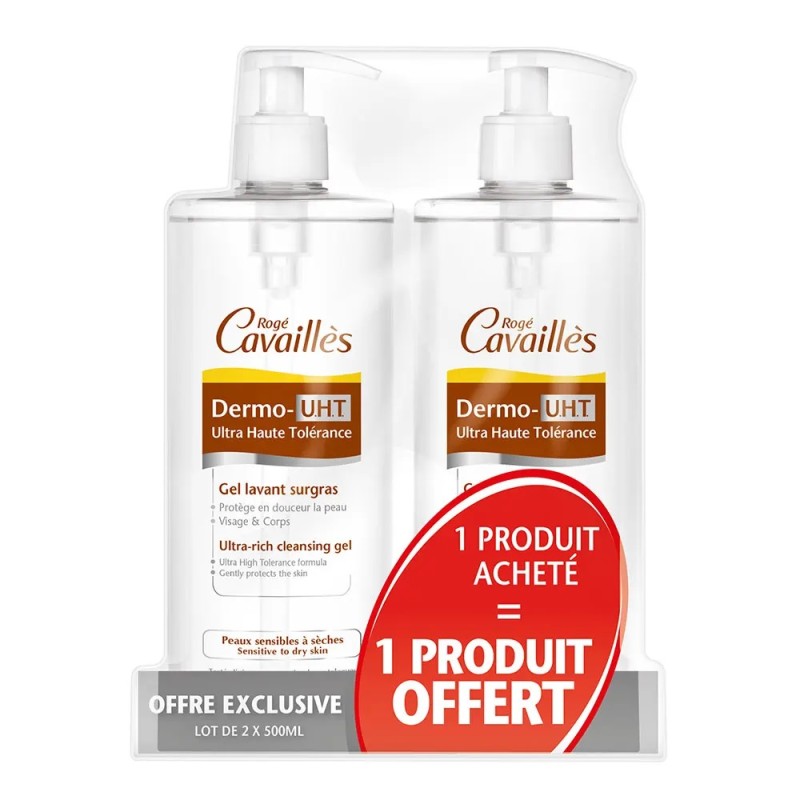 Cavaillès – Dermo-U.H.T., gel lavant surgras, peaux sensibles à sèches, 2 × 500 ml