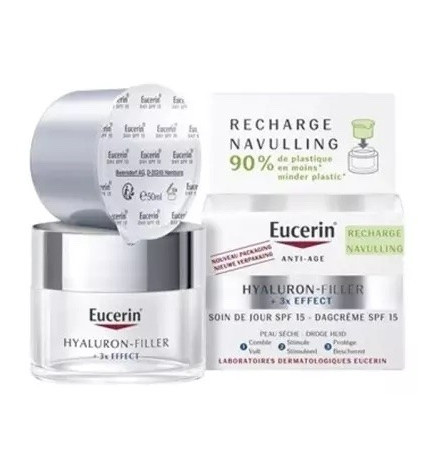Eucerin – Hyaluron-Filler + 3X Effect Soin de Jour SPF 15 Peau Sèche Recharge, 50 ml