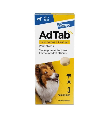Adtab – Comprimés à Croquer pour Chiens contre Puces et Tiques, 22 à 45 kg, 3 Comprimés
