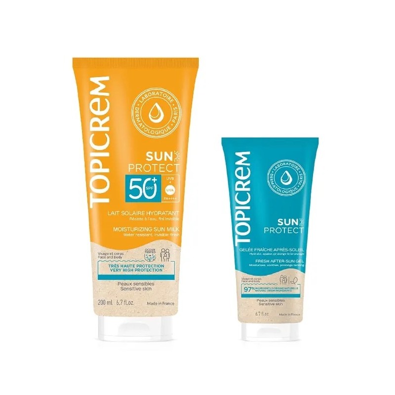 Topicrem – Duo Sun Protect SPF50+ lait solaire hydratant + gelée fraîche après-soleil, 200 ml + 50 ml