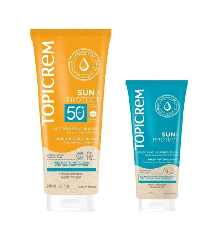 Topicrem – Duo Sun Protect SPF50+ lait solaire hydratant + gelée fraîche après-soleil, 200 ml + 50 ml