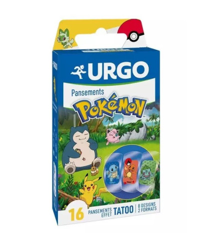 URGO – Pansements prédécoupés Pokémon effet Tatoo, 16 pansements
