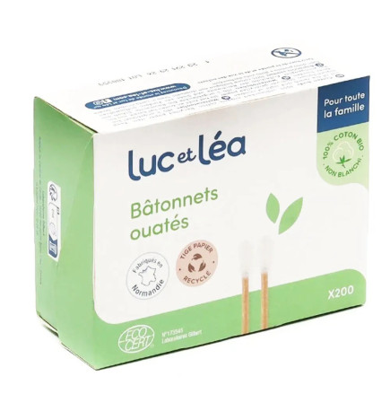 LUC ET LEA – Bâtonnets ouatés adulte 100 % coton bio tige papier, x200