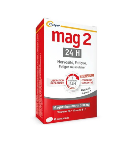 MAG 2 – 24 h magnésium marin vitamines B6 et B12 – Nervosité fatigue musculaire, 40 comprimés