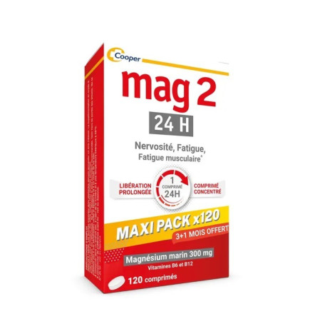 MAG 2 – 24 h magnésium marin vitamines B6 et B12 – Nervosité fatigue musculaire, 120 comprimés