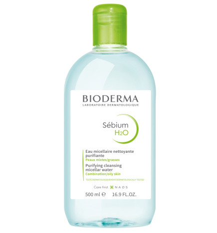 Bioderma – Sébium H2O, eau micellaire purifiante visage/yeux peaux mixtes à grasses, 500 ml