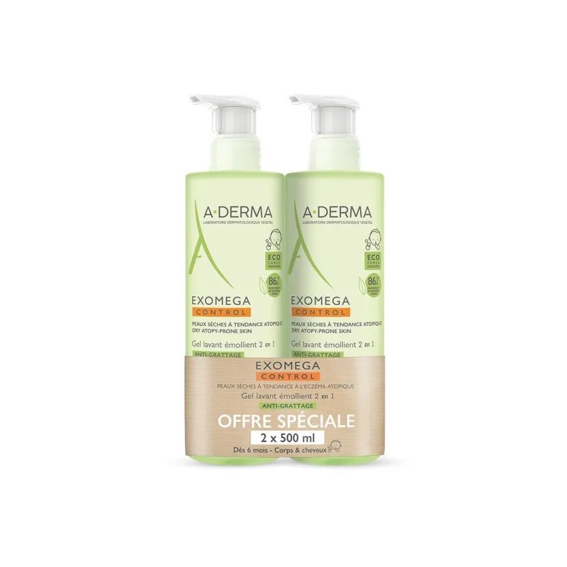 A-derma Exomega Control Gel Lavant Émollient 2 en 1 Anti-Grattage Bébé 2x500ml