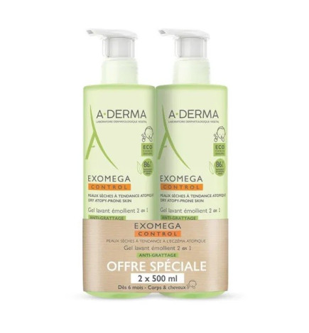A-DERMA – Exomega Control Gel Lavant Émollient 2-en-1 Anti-Grattage Bébé, 2 x 500 ml