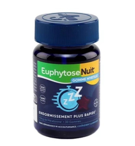Euphytose – Nuit mélatonine 1 mg, 30 gommes myrtille (endormissement plus rapide)