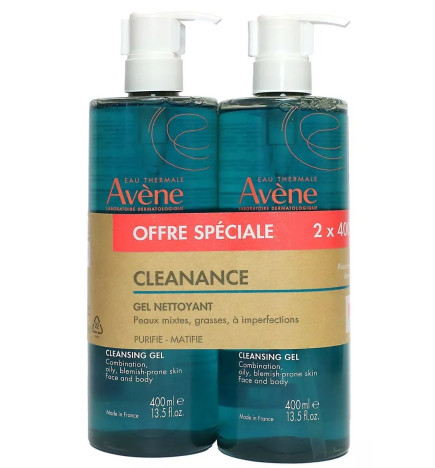 AVENE – Cleanance Gel nettoyant peau mixte à grasse, 2 x 400 ml