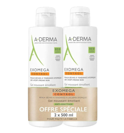 A-DERMA – Exomega Control Gel Moussant Émollient, 2 x 500 ml