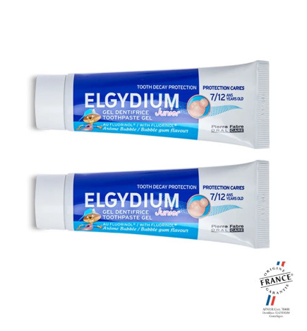 Elgydium – junior, dentifrice au Fluorinol goût bubble, 7–12 ans, 2 × 50 ml