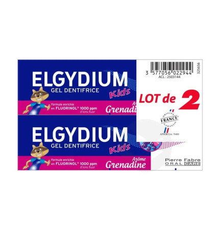 Elgydium – kids, dentifrice au Fluorinol grenadine, 3–6 ans, 2 × 50 ml