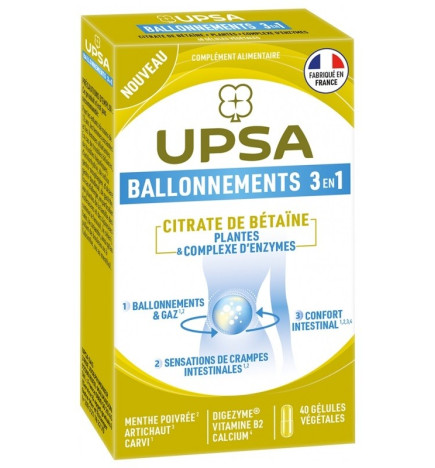 UPSA – Ballonnements 3 en 1, 40 Gélules Végétales