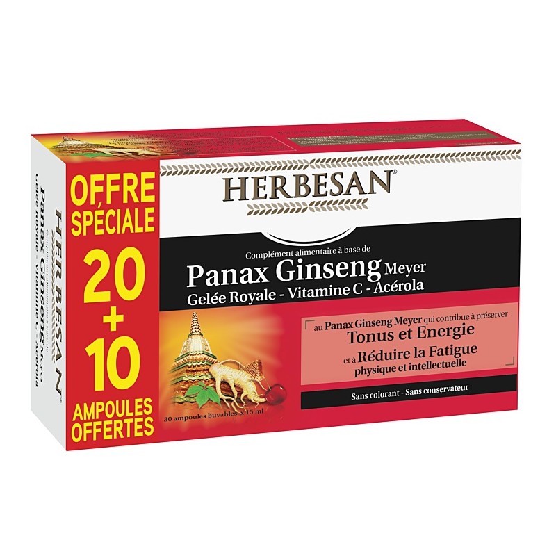 Herbesan Panax Ginseng Gelée Royale - 20 + 10 Ampoules de 15ml