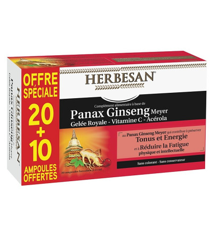 Herbesan – Panax ginseng gelée royale, 20 + 10 ampoules de 15 ml