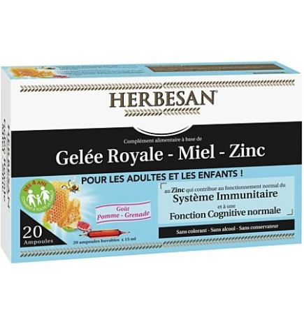 Herbesan – Gelée royale 400 mg + miel + zinc, 20 ampoules de 15 ml