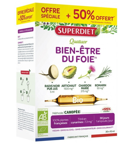 Super Diet – Quatuor chardon marie digestion bio, 20 ampoules + 10 offertes
