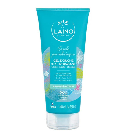 LAINO – Gel douche 3-en-1 hydratant corps visage cheveux au Monoï de Tahiti, 200 ml