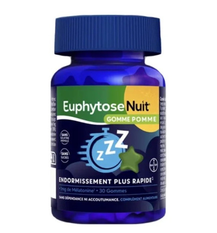 Euphytose – Nuit mélatonine 1 mg goût pomme, 30 gommes