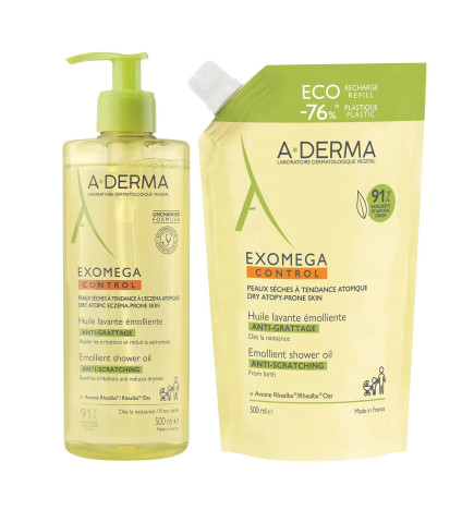 A-DERMA – Exomega Control Huile Lavante Émolliente Anti-Grattage, 500 ml + Eco-Recharge 500 ml