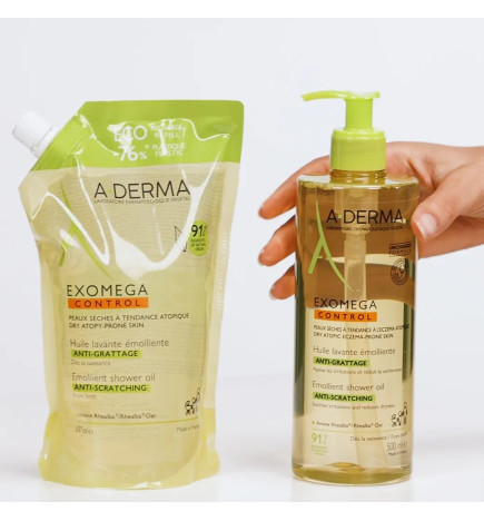 A-DERMA – Exomega Control Huile Lavante Émolliente Anti-Grattage, 500 ml + Eco-Recharge 500 ml
