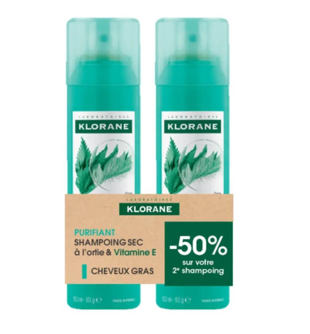 Klorane – ortie shampoing sec séboréducteur, 2 flacons de 150 ml