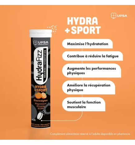 UPSA – Hydrafizz Hydra+ Sport Goût Orange, 16 Comprimés Effervescents