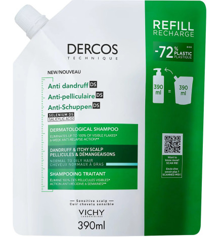 Vichy – Dercos anti-pelliculaire shampooing traitant éco-recharge, 390 ml