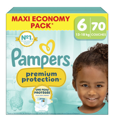 Pampers – Couches Bébés Premium Protection Taille 6 (13-18 kg) x70