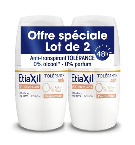 ETIAXIL – Anti-transpirant déodorant roll-on 48 h tolérance peaux sensibles, 2 x 50 ml