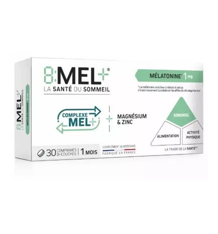 8 MEL+ – Mélatonine 1 mg, 30 comprimés bi-couches
