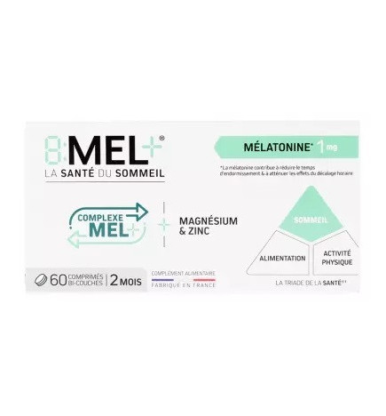 8 MEL+ – Mélatonine 1 mg, 60 comprimés bi-couches