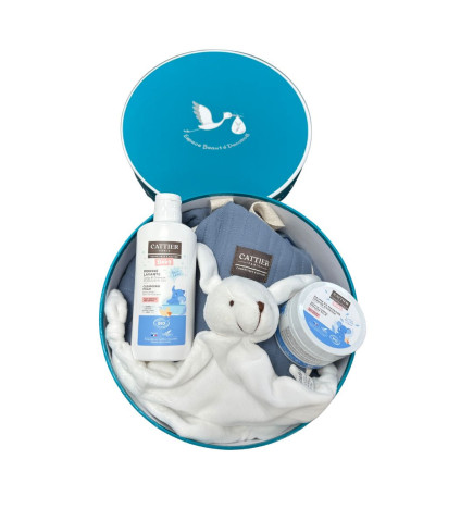 Cattier – Bébé, coffret naissance bleu + sac et doudou offert