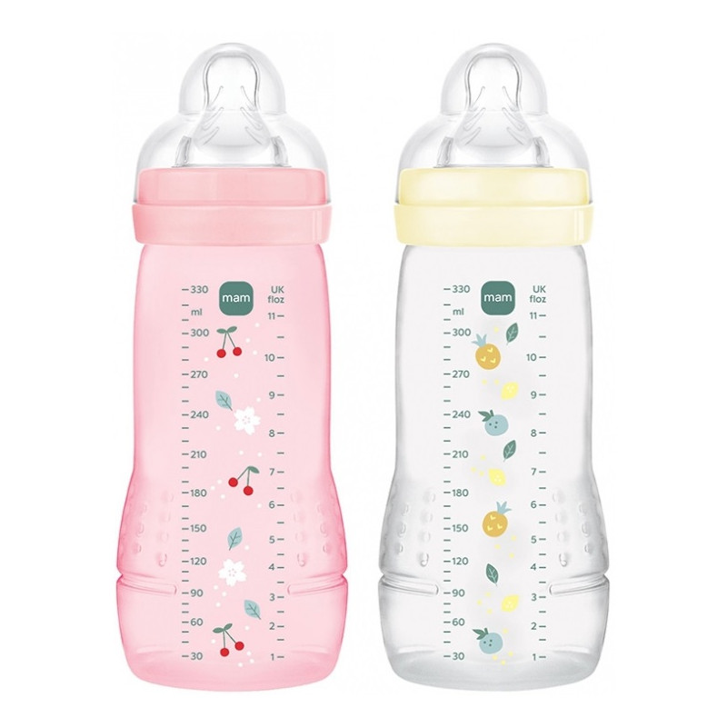 MAM Easy Active 2 Biberons 2ème Âge 330 ml 6 Mois et + Débit Très Rapide - Couleur : Pearl/Berry