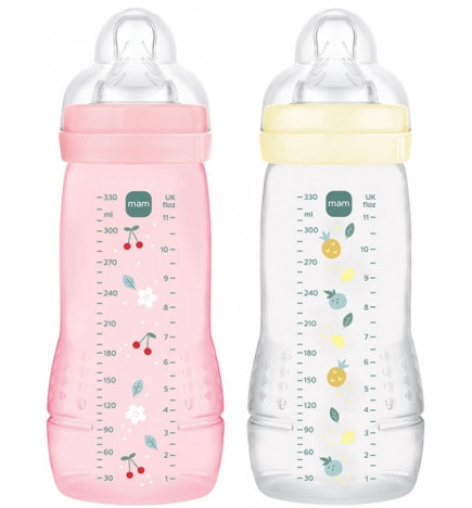 MAM – Easy Active 2 Biberons 2ème Âge 330 ml 6 Mois et + Débit Très Rapide - Couleur : Pearl/Berry