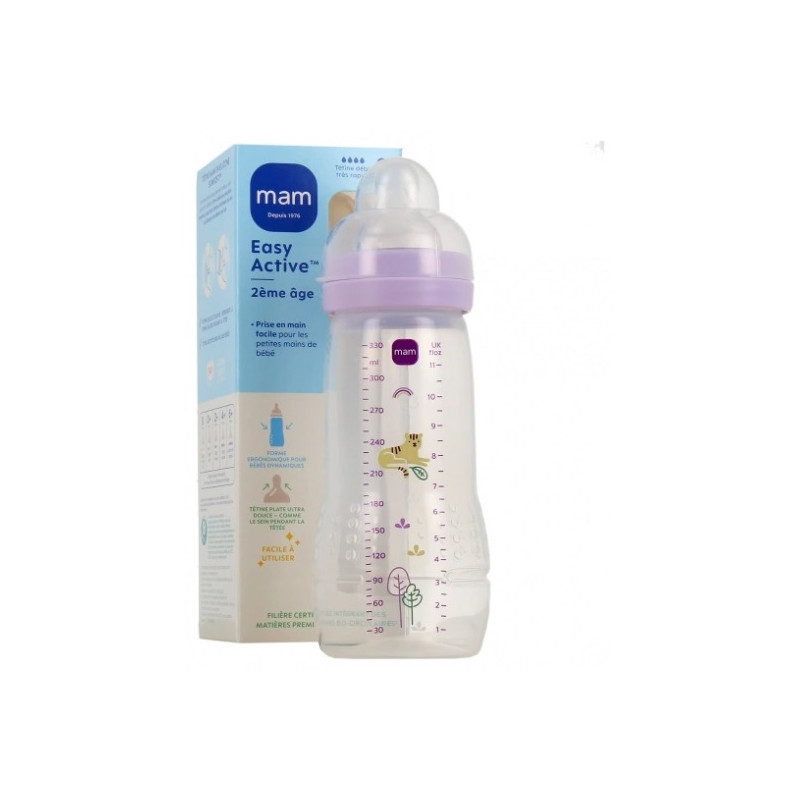 MAM Easy Active Biberon 2ème Âge 330 ml 6 Mois et + Débit Très Rapide - Couleur : Lilas
