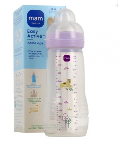 MAM – Easy Active Biberon 2ème Âge 330 ml 6 Mois et + Débit Très Rapide - Couleur : Lilas