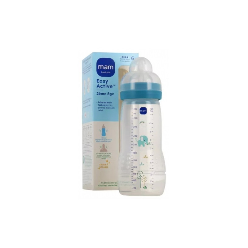 MAM Easy Active Biberon 2ème Âge 330 ml 6 Mois et + Débit Très Rapide - Couleur : Bleu Ocean