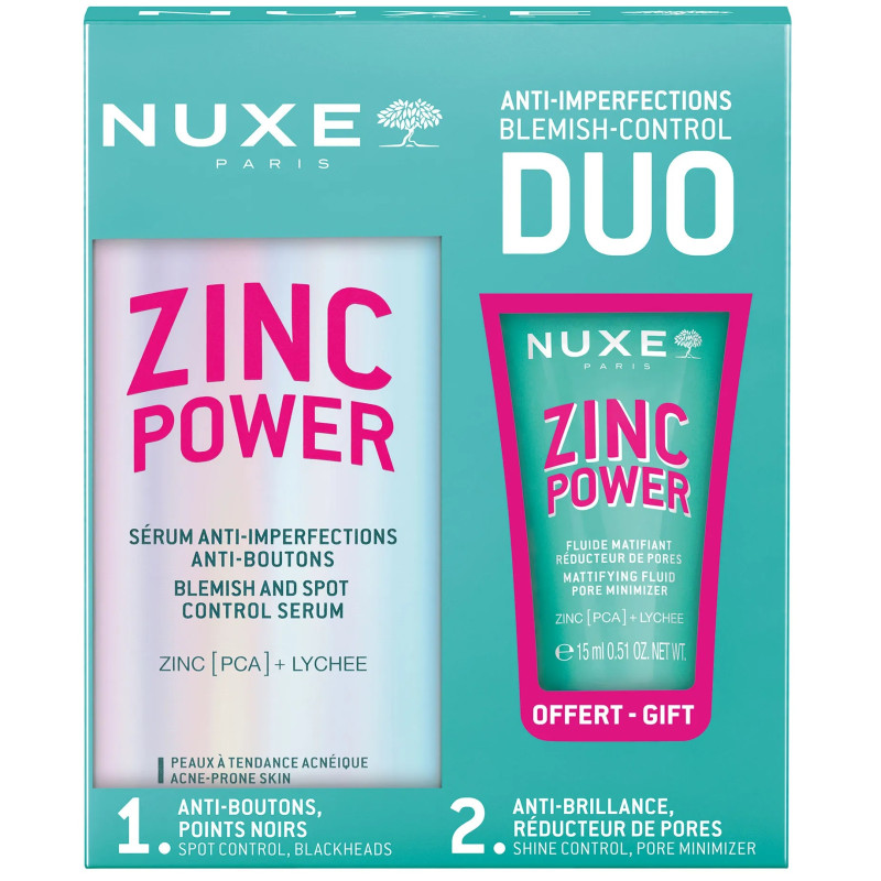 NUXE COFFRET - ZINC POWER - Sérum Anti-Imperfections Anti-Boutons 30ml + Fluide Matifiant Réducteur de Pores 15ml Offert