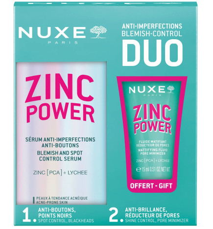 Nuxe – COFFRET  ZINC POWER  Sérum AntiImperfections AntiBoutons 30ml + Fluide Matifiant Réducteur de Pores 15ml Offert