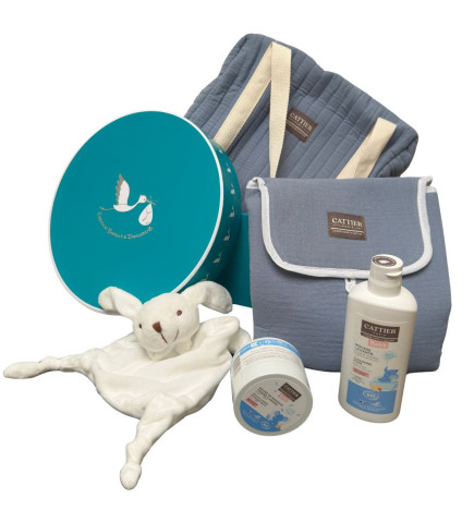 Cattier – Bébé, coffret naissance bleu + sac et doudou offert